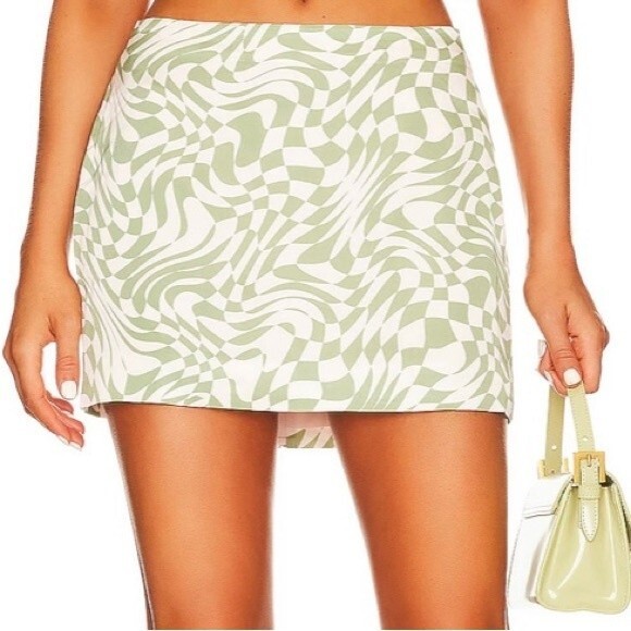 NEW For Love & Lemons Aiko Green and Blush Geometric Print Mini Skirt Size M - Picture 1 of 12
